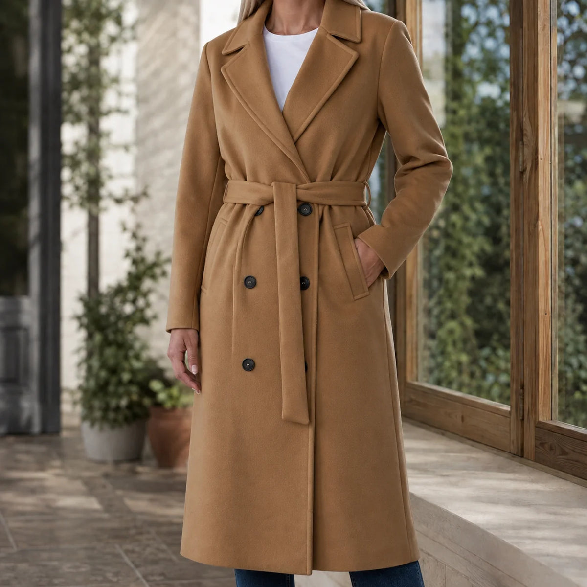 Women's brown overcoat, front button detail