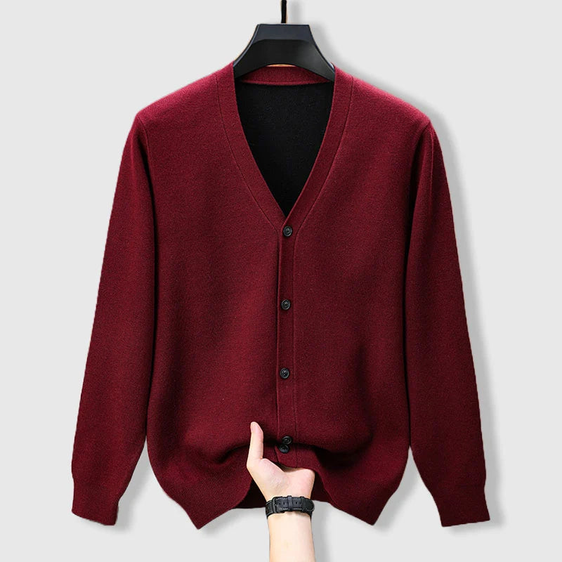 Men's burgundy cashmere blend v-neck cardigan
