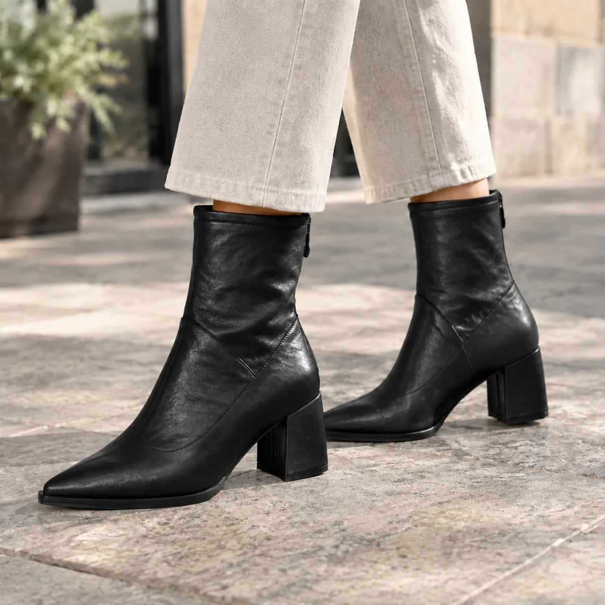 Athena pointed toe ankle boots worn, lifestyle shot