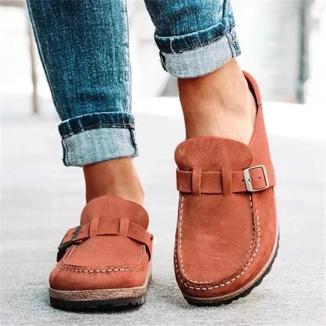 Women's rust slip-on mules with buckle strap