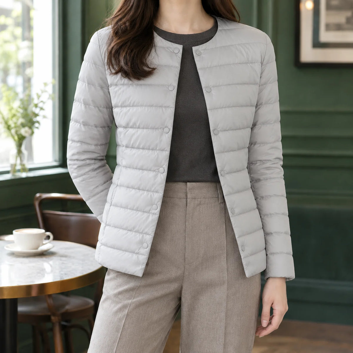 Women's black quilted jacket, horizontal baffle detail