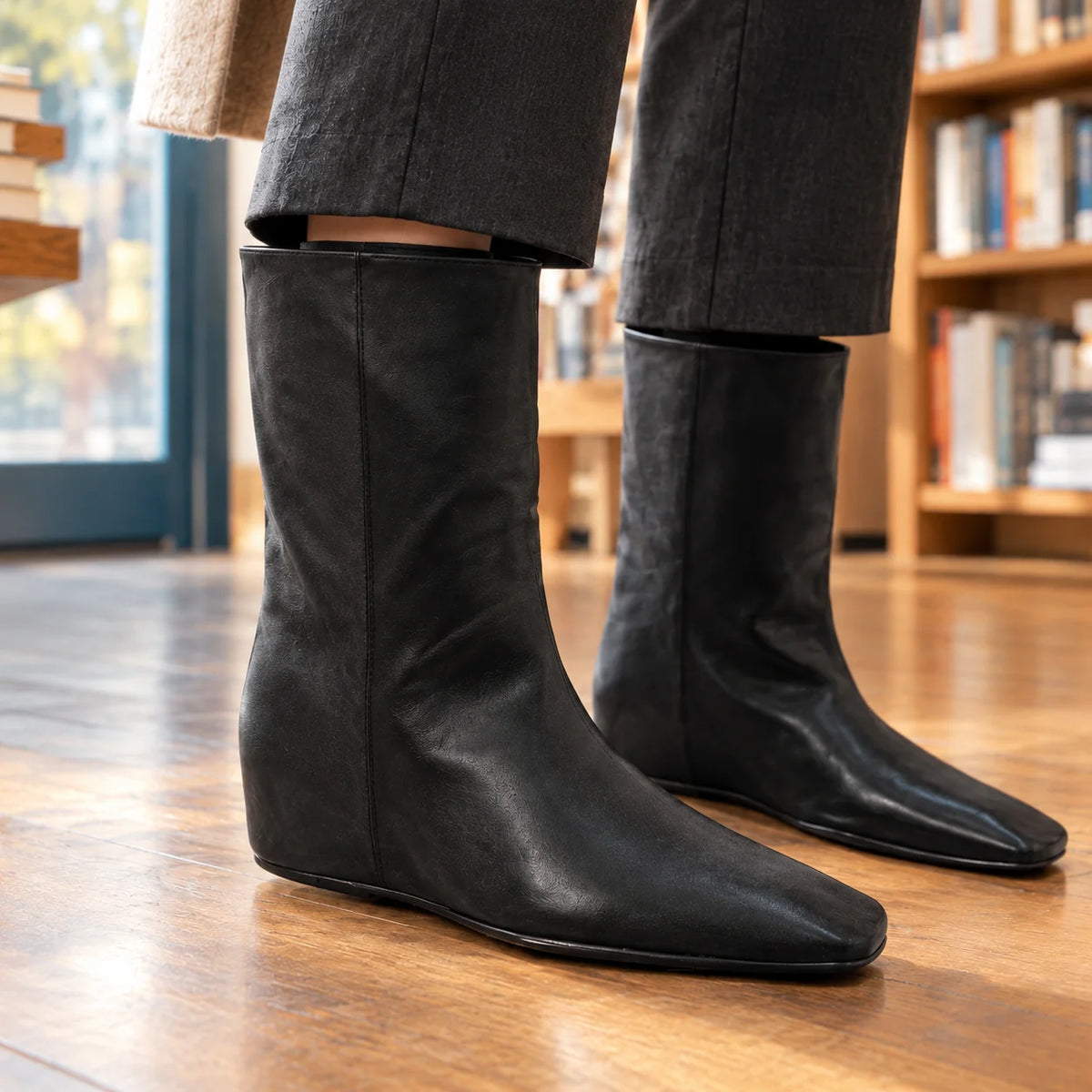 Women's black square toe boots, close-up of pull-on shaft