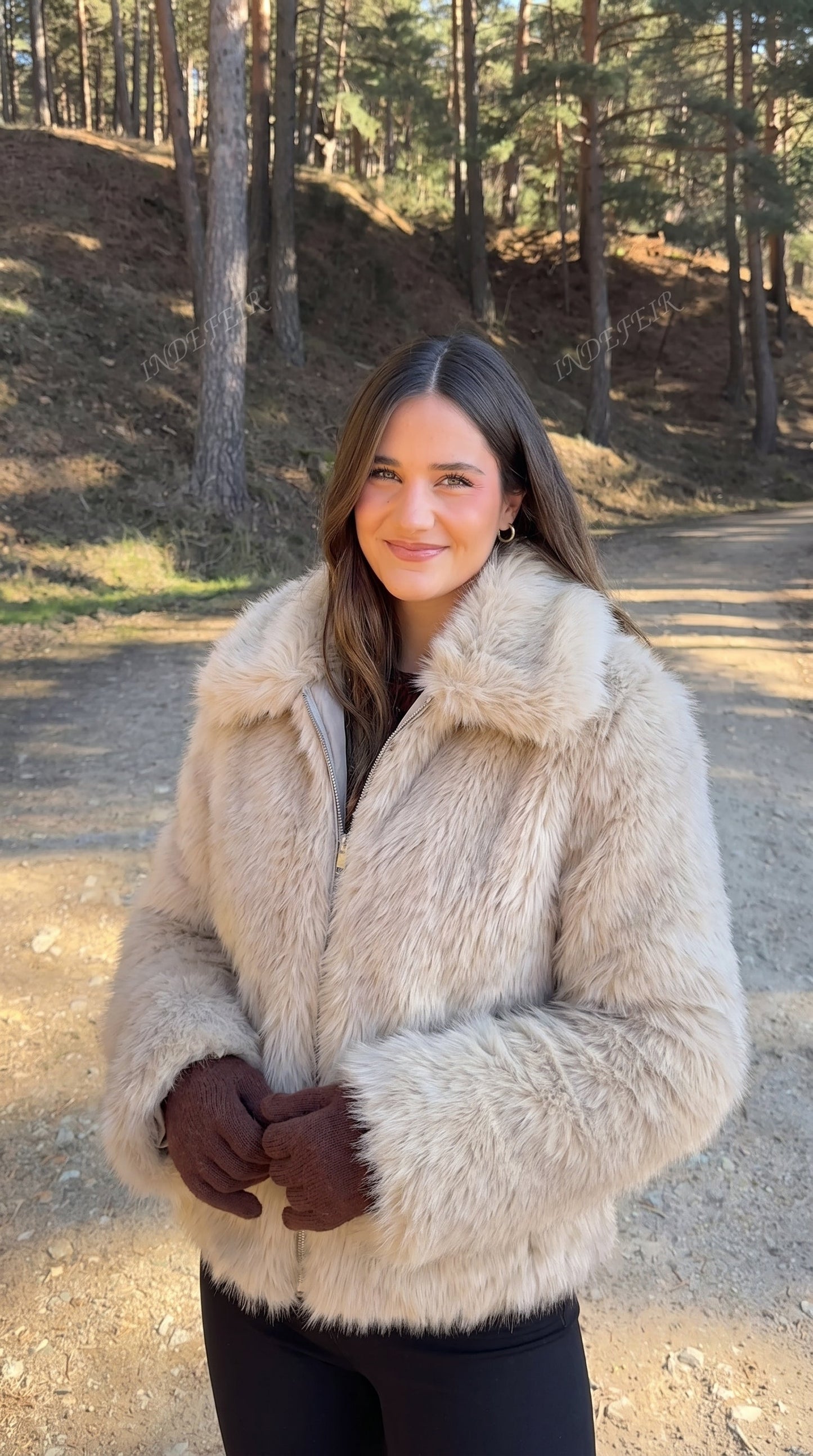Beige Faux Fur Bomber Jacket with Ribbed Cuffs and Hem – view 5