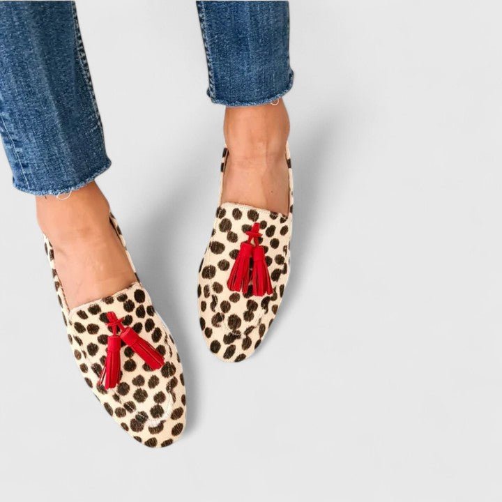 Women's beige leopard print slip-on tassel loafers
