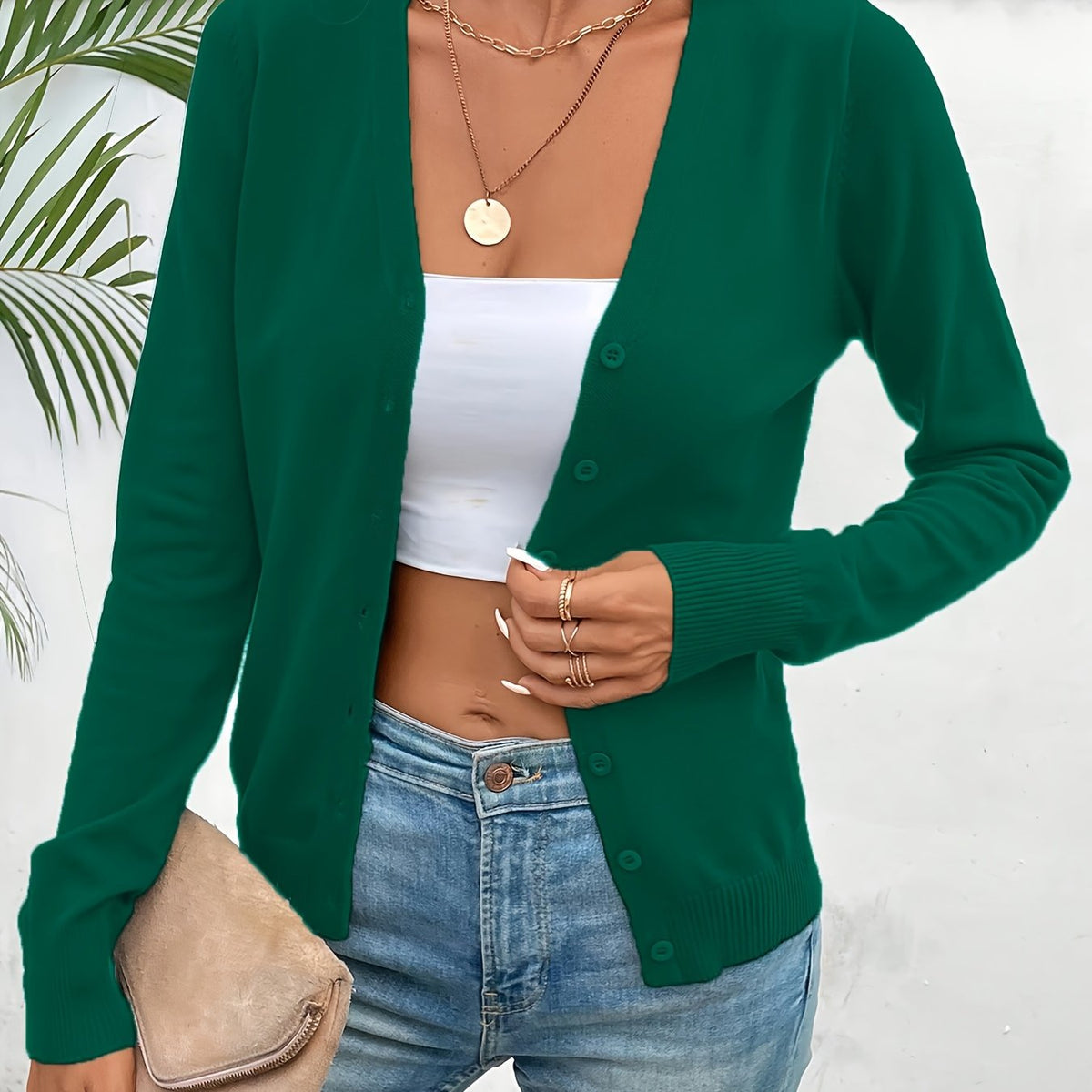 Deep Green V-Neck Ribbed Chic Cardigan