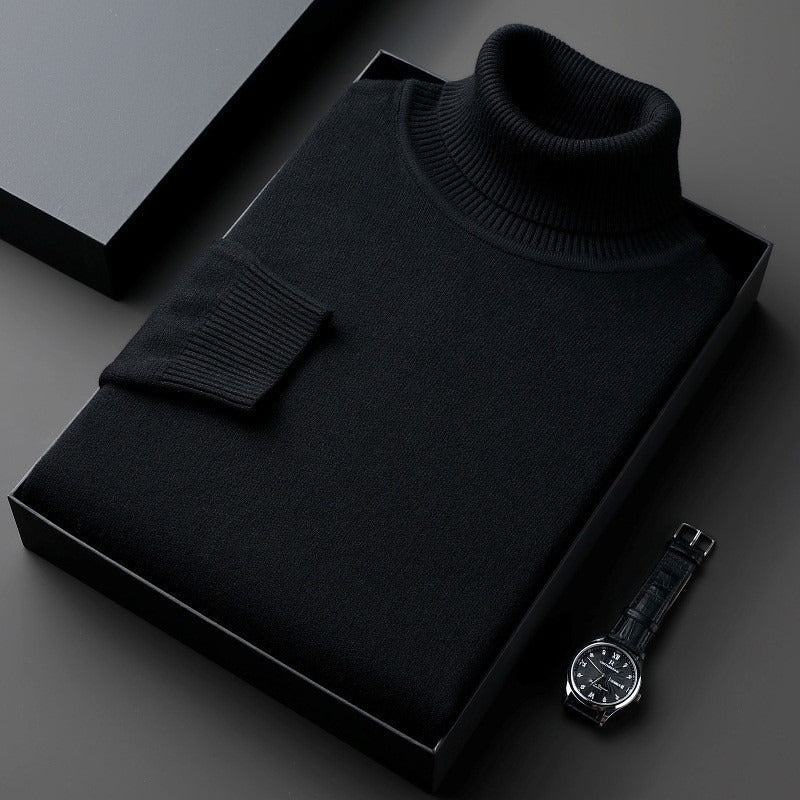 Men's black cashmere turtleneck sweater with ribbed cuffs