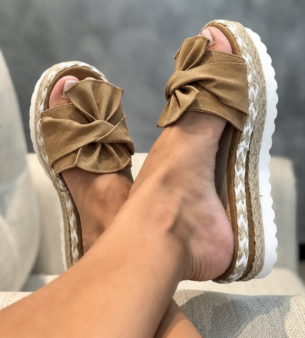 Women's beige woven wedge platform sandals with bow detail
