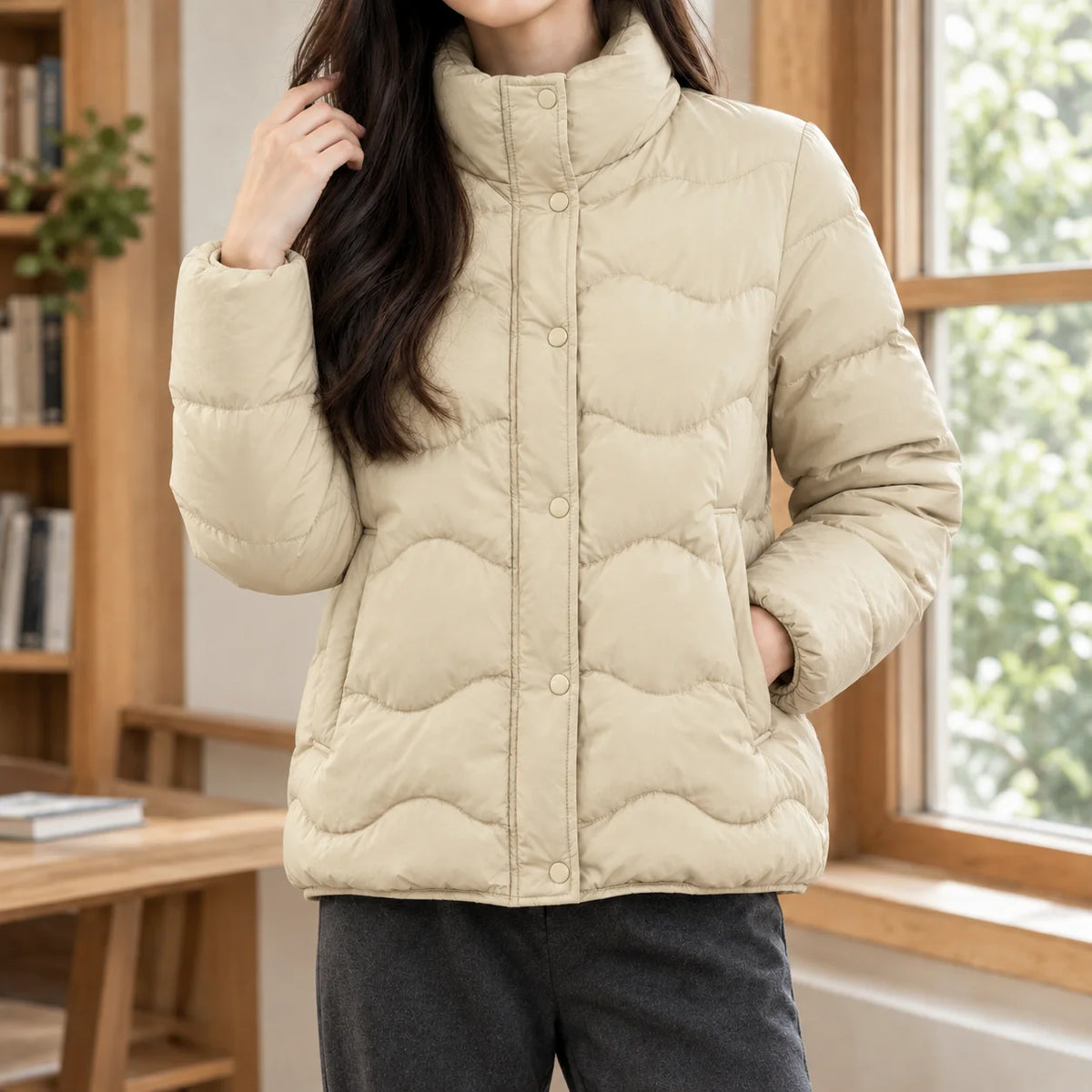 Women's black puffer jacket, close-up of snap-front collar