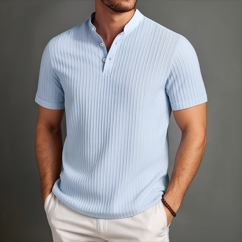 Men's khaki linen popover band collar summer shirt