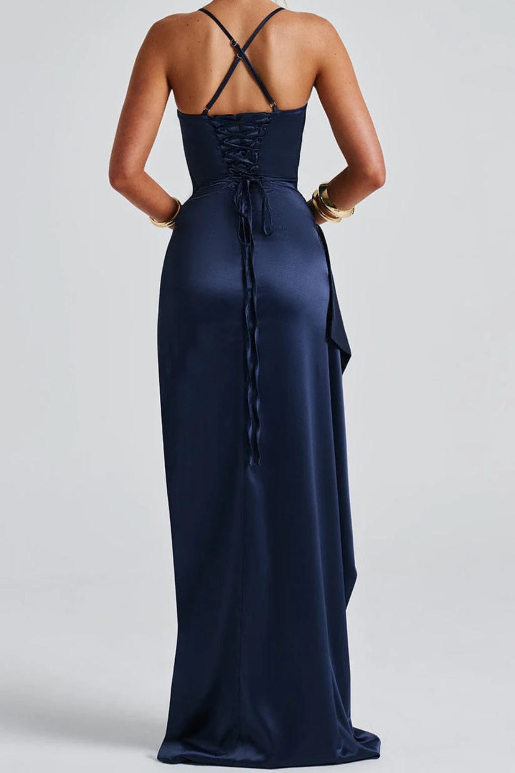 Women's navy blue ruched satin maxi wedding guest dress with side slit