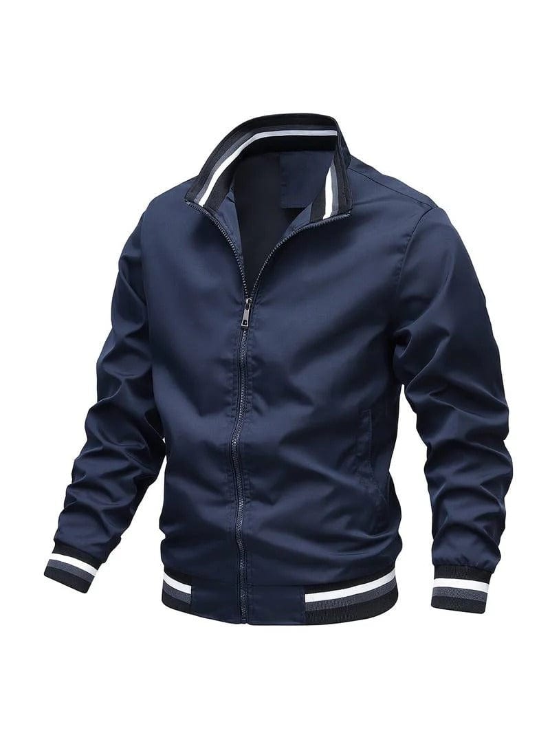 Blue Nonchalant Zip-Up Bomber Jacket with Ribbed Cuffs