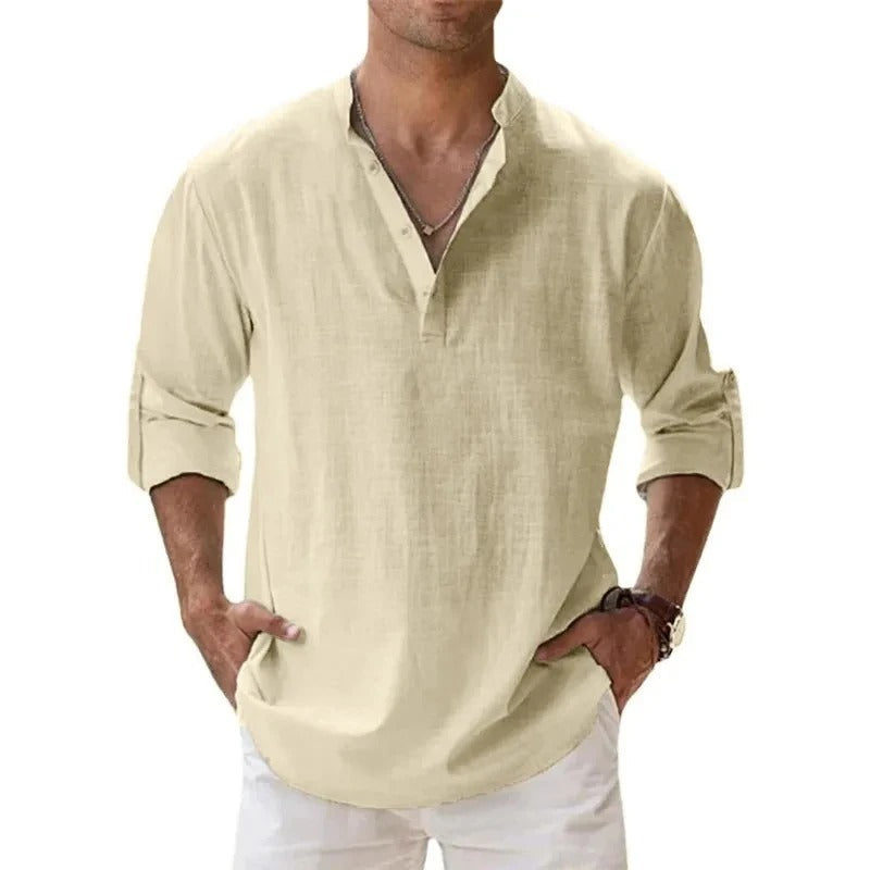 Men's light blue linen band collar shirt with long sleeves