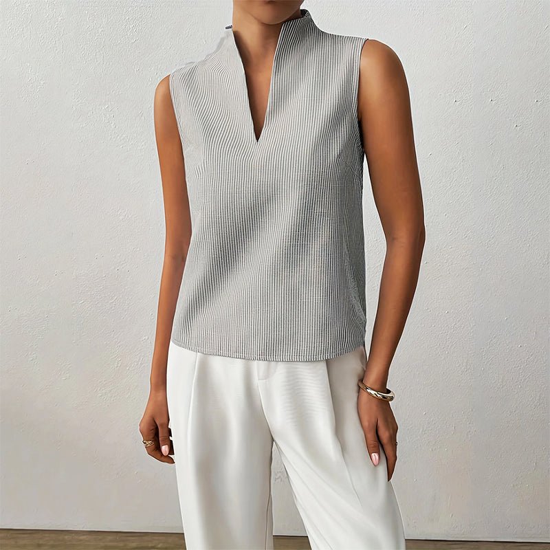 Women's blue striped sleeveless blouse with stand collar