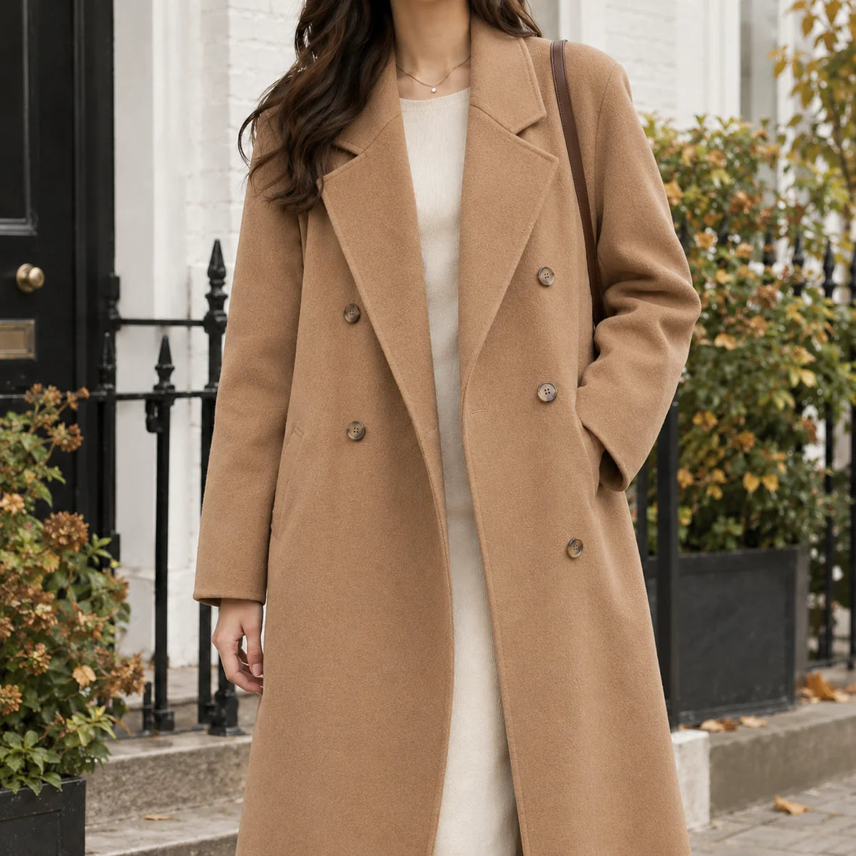 Women's black double-breasted coat, close-up of notched lapels