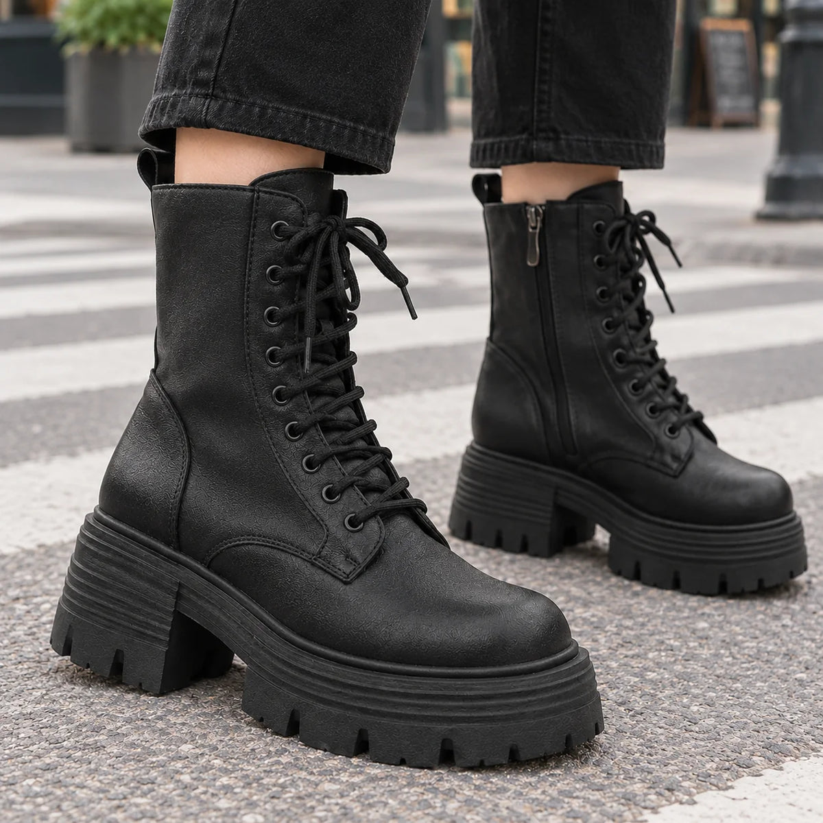 Women's black platform boots, close-up of lug sole tread