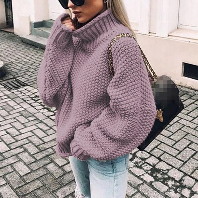Women's purple oversized chunky knit turtleneck sweater