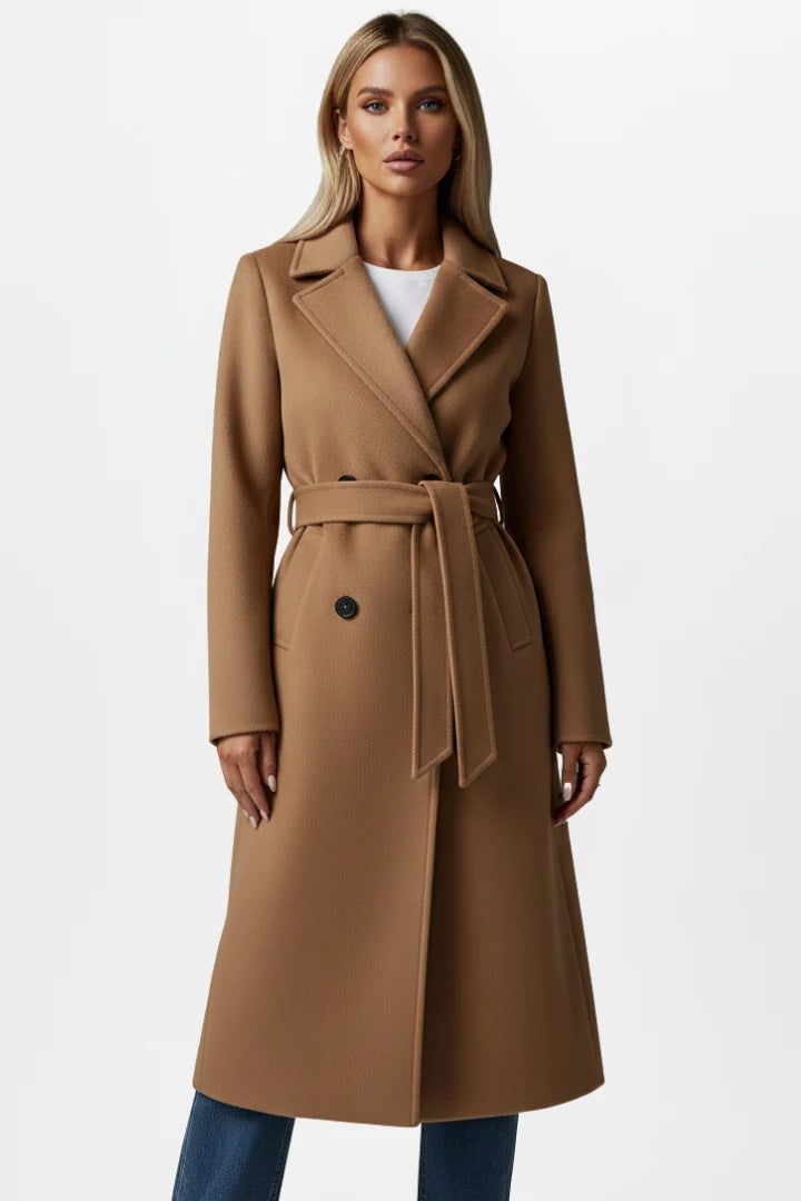 Women's camel double-breasted belted long coat