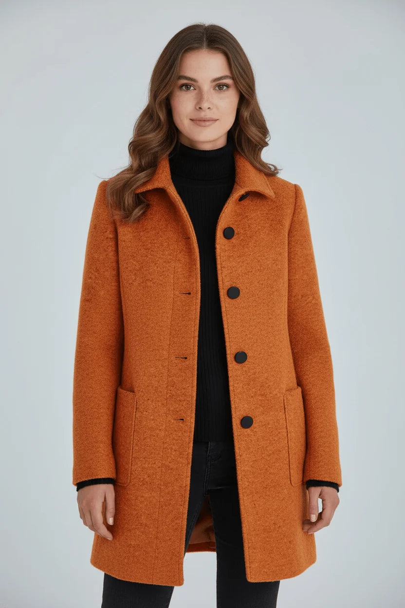 Women's burnt orange wool-blend stand collar winter coat