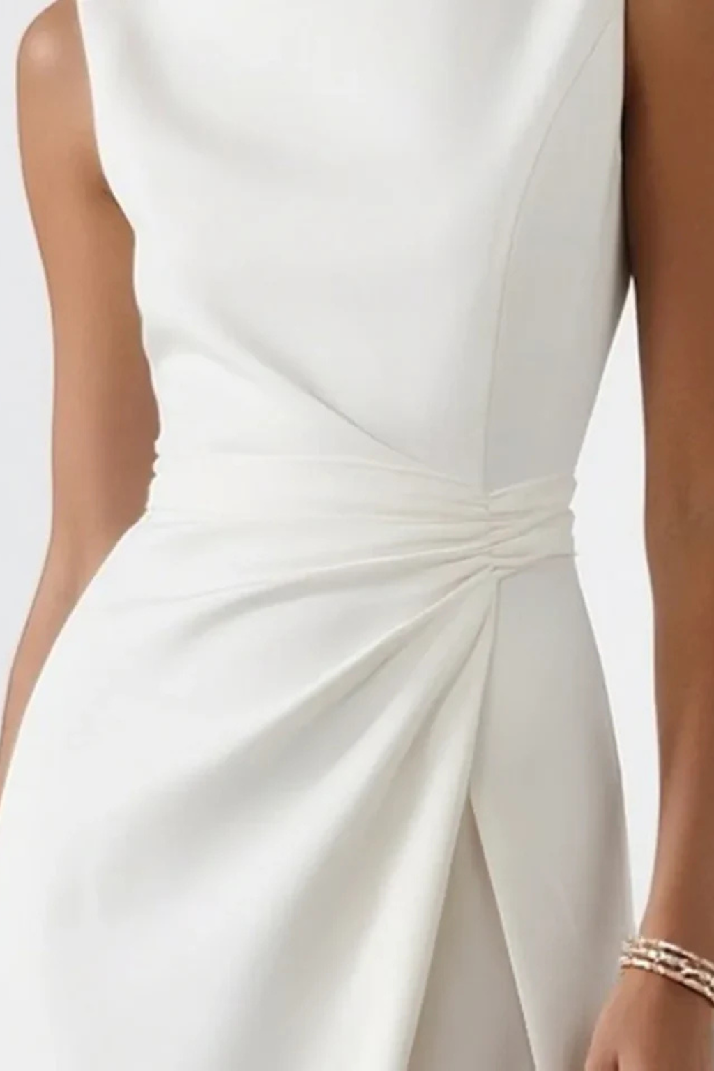 Women's white sleeveless draped waist wedding guest maxi dress