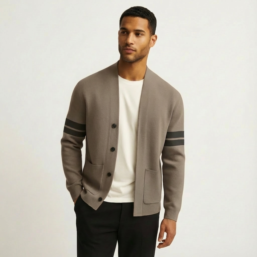 Men's merino wool cardigan with striped sleeves in brown