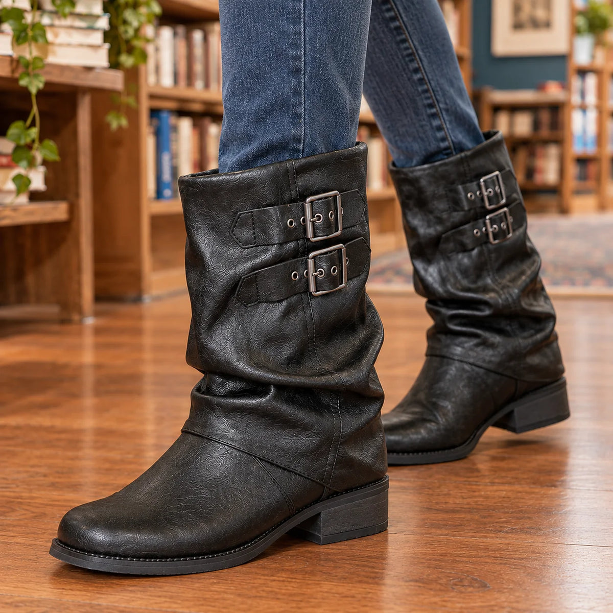 Women's black slouch boots, close-up of buckle strap detail