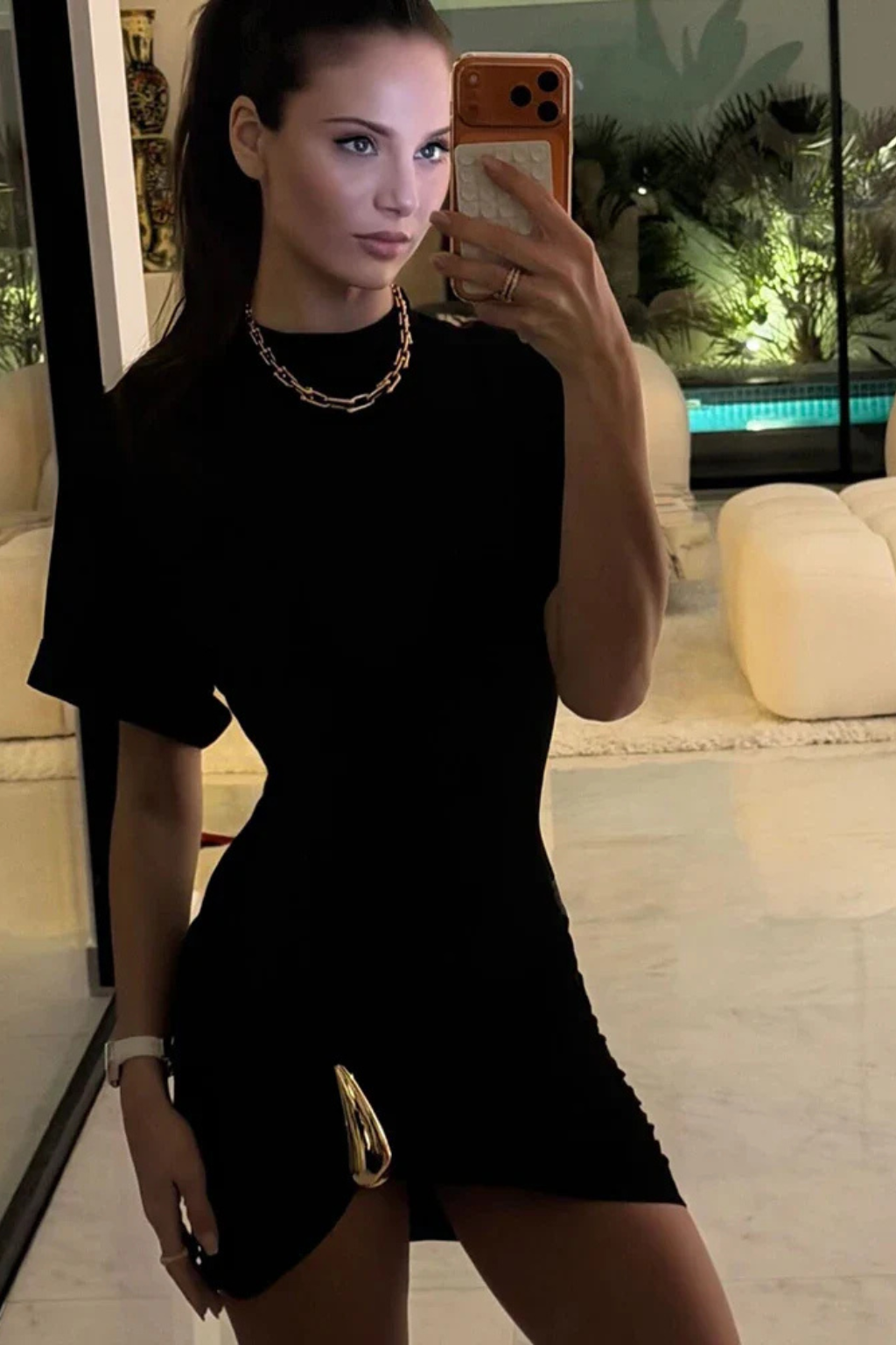 Women's black short sleeve ruched bodycon mini wedding guest dress
