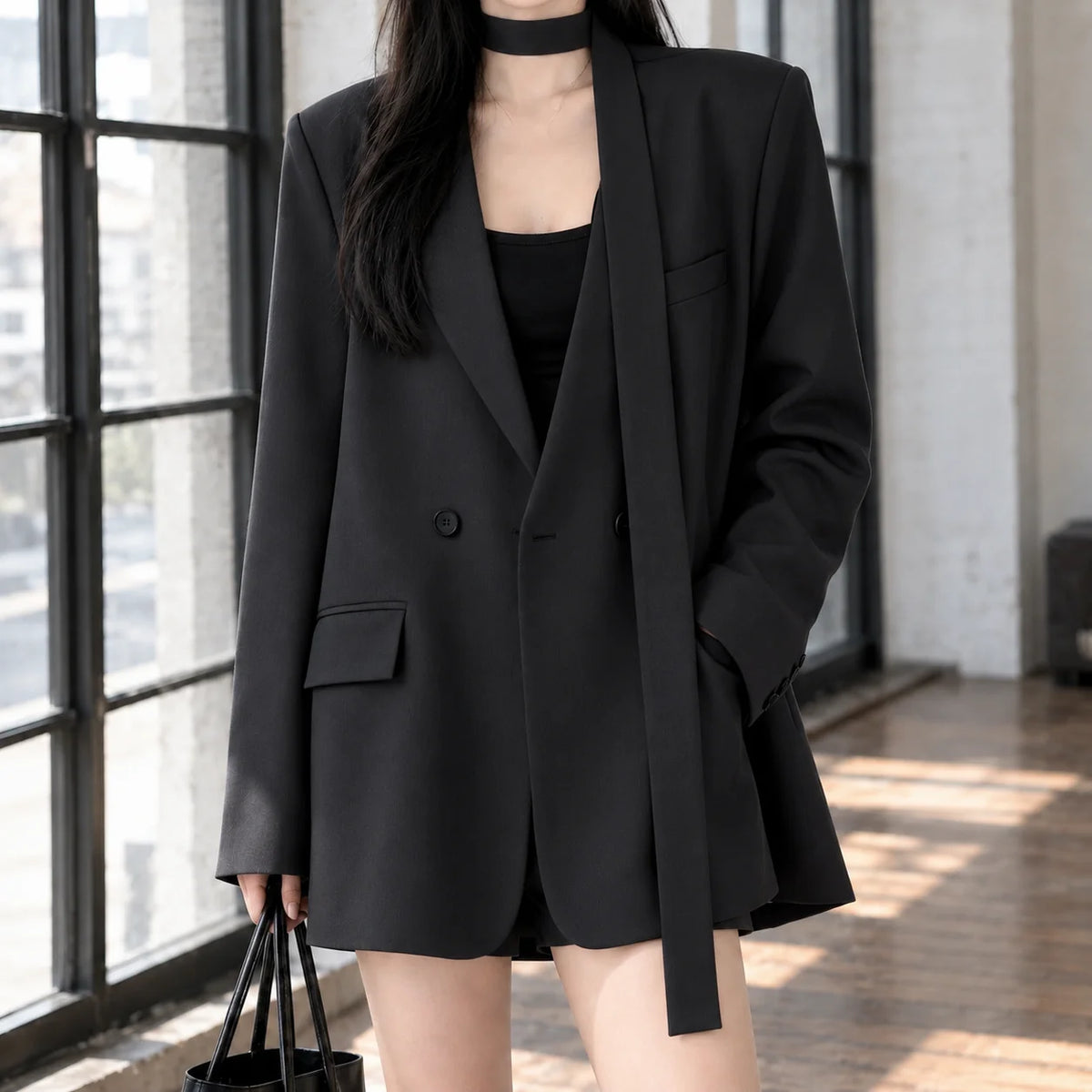 Women's gray blazer, close-up of scarf collar detail