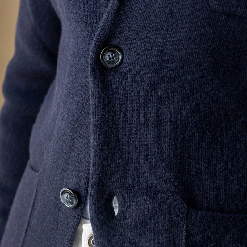 Men's blue knit cardigan jacket with two button front
