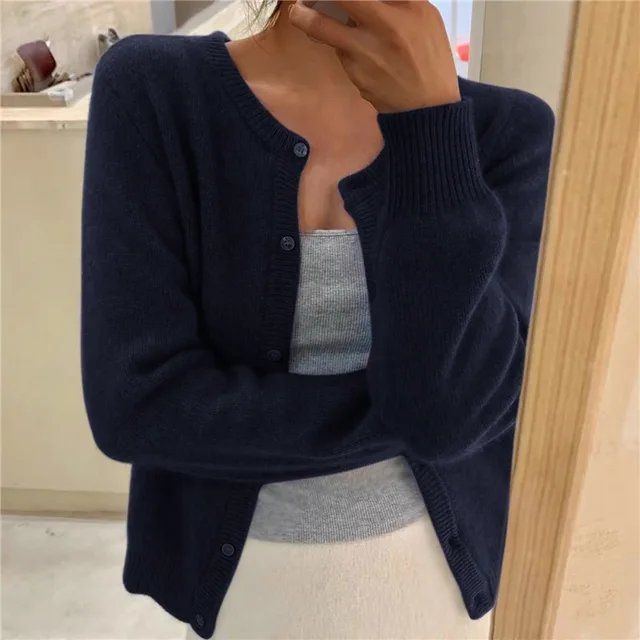 Women's beige cropped button front knit cardigan