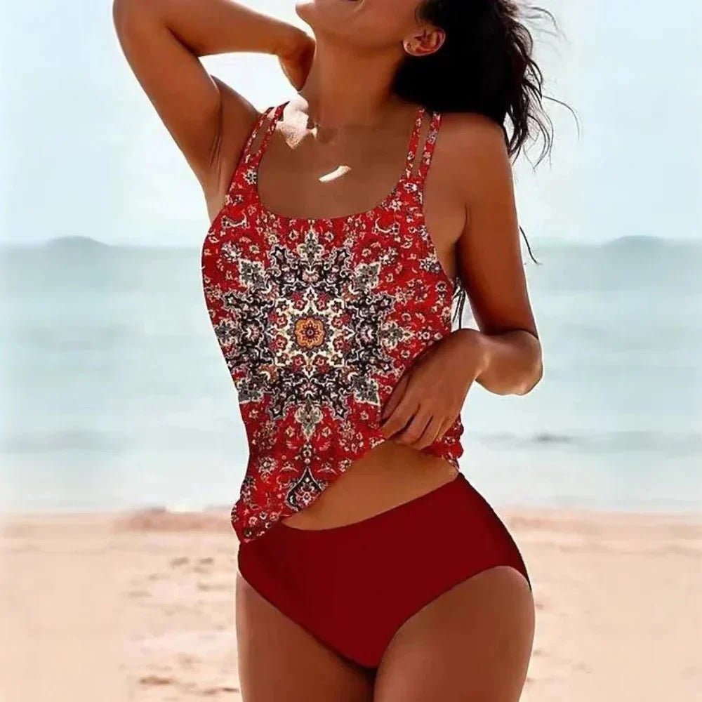 Women's green printed high waisted two piece tankini swimsuit