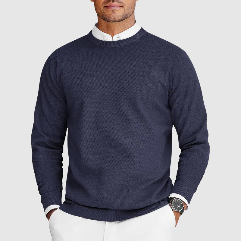 Men's black crew neck sweater in lightweight soft knit