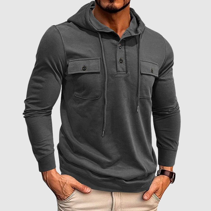 Men's light gray cotton blend pullover hoodie with drawstring hood and chest pockets