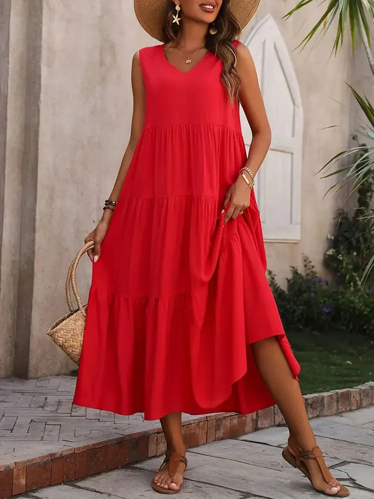 Women's yellow sleeveless tiered v-neck maxi summer dress