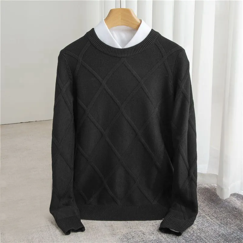 Men's beige cashmere knit sweater with subtle pattern