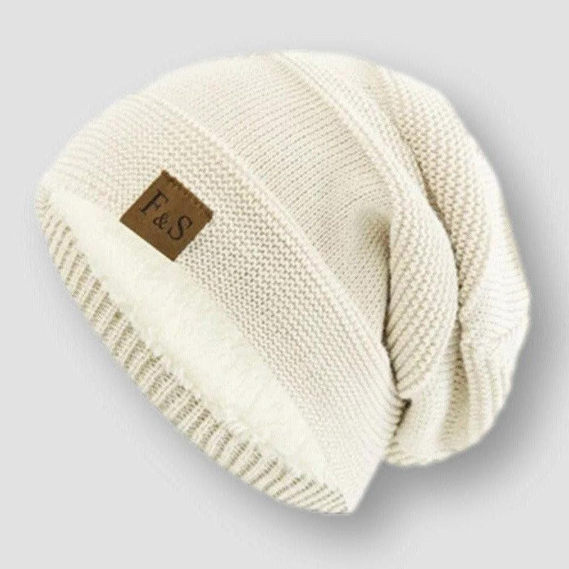 White Slouchy Wool Blend Fleece-Lined Beanie