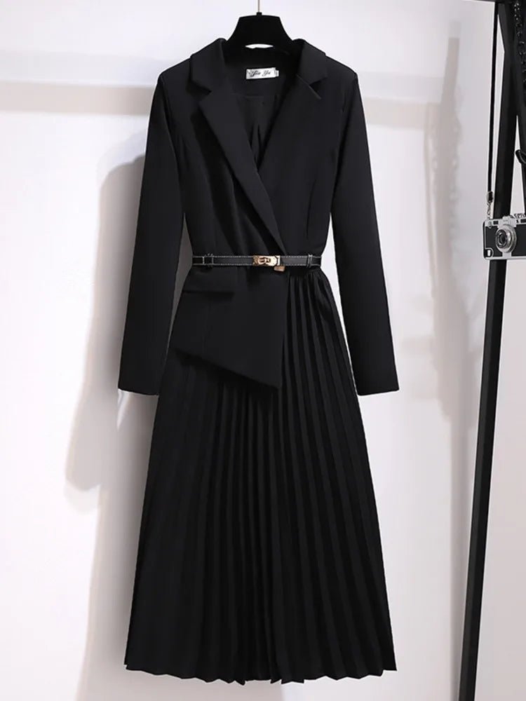 Women's beige belted blazer dress with pleated midi skirt