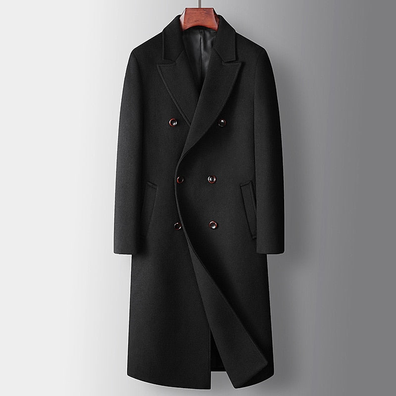 Black Men's Insulated Double-Breasted Overcoat