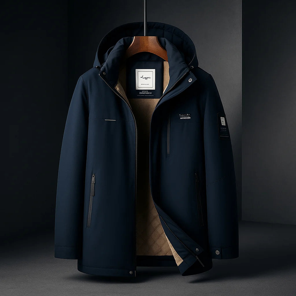 Christopher down jacket, hood detail