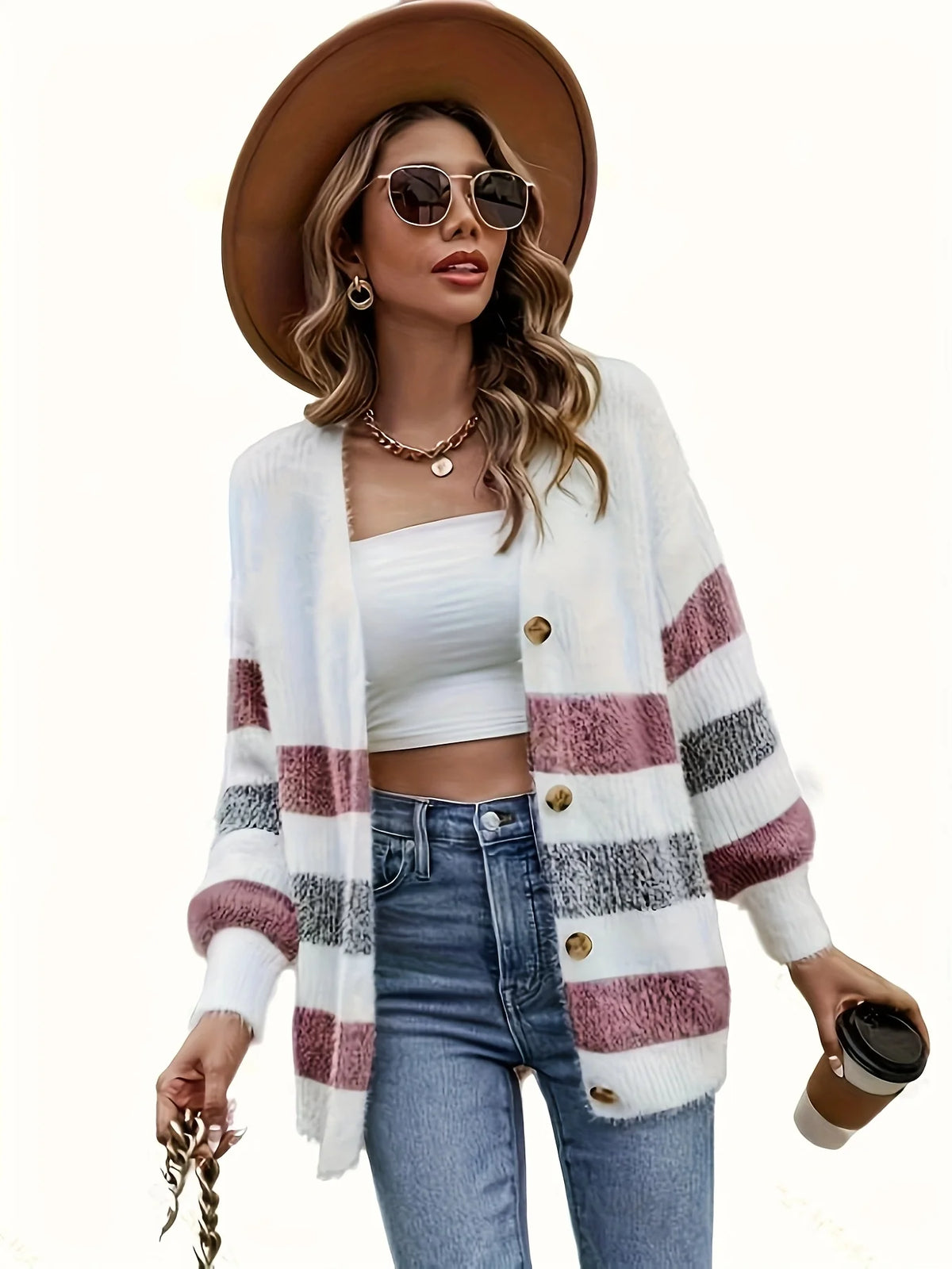 Women's Striped Cardigan, Open-Front Winter Knitwear
