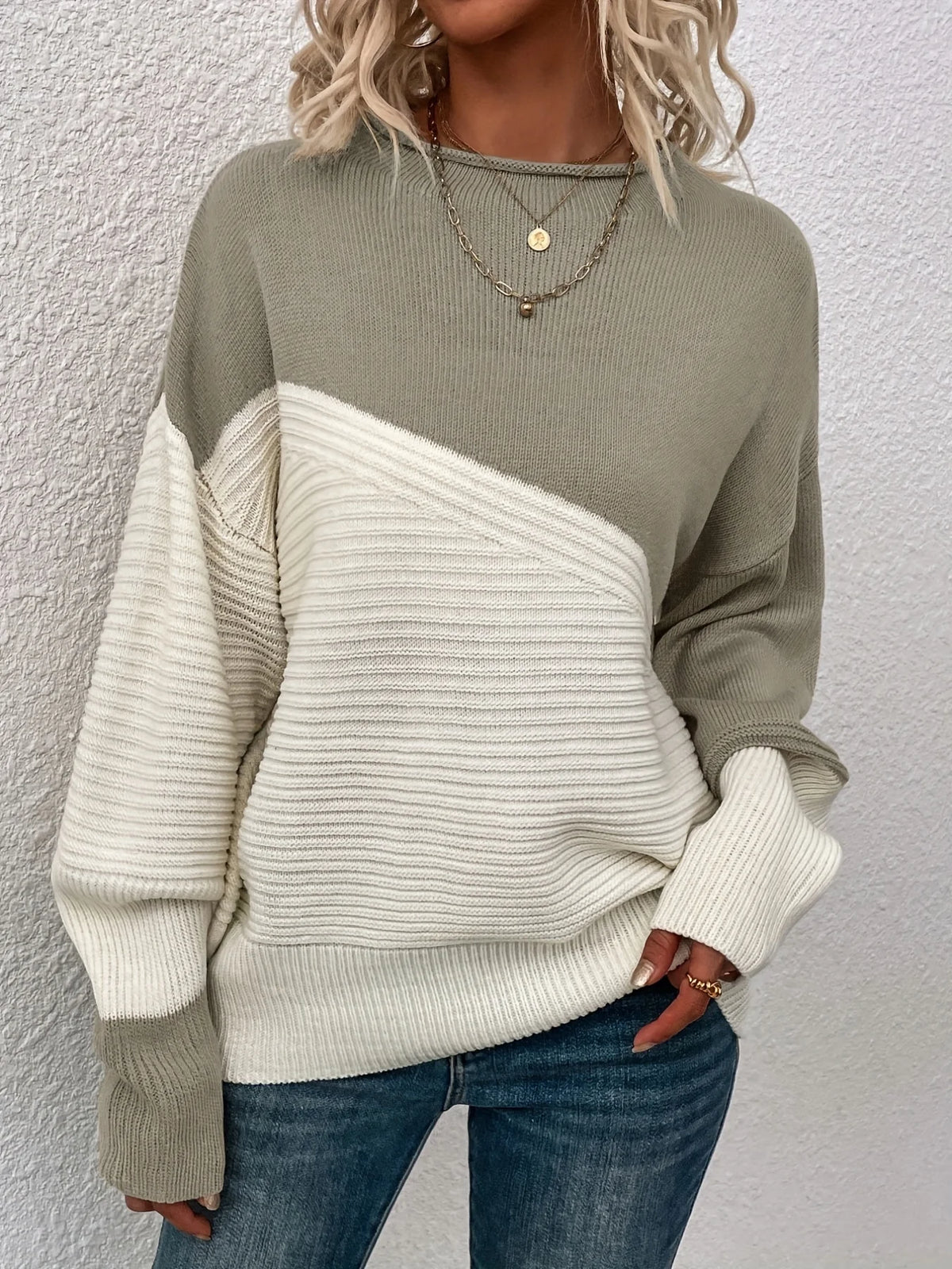 Women's Color Block Sweater, Relaxed Winter Knit Top
