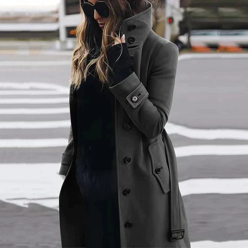 Dark Gray Belted High-Neck Longline Trench Coat
