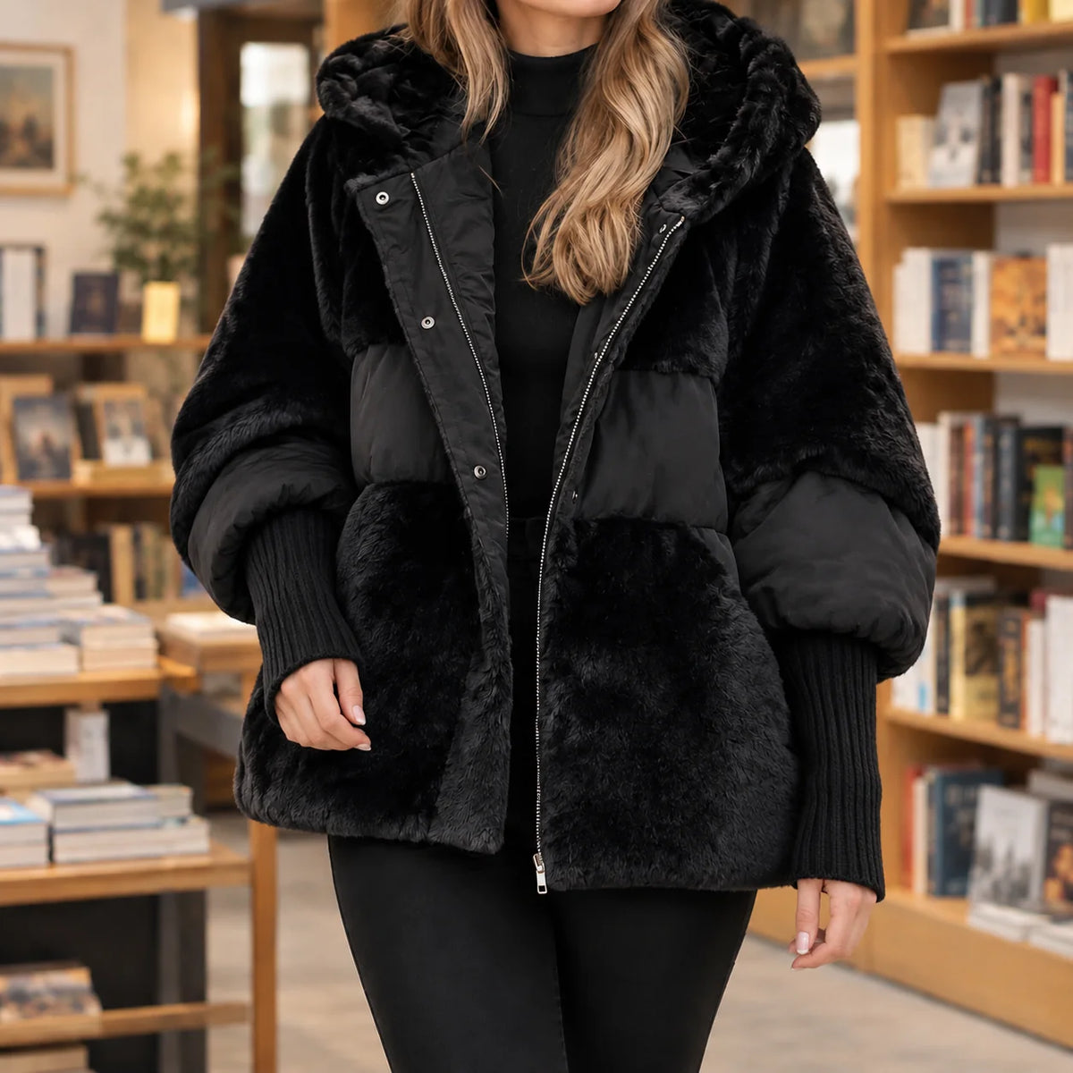 Women's brown quilted jacket, close-up of plush panel texture