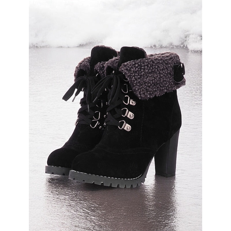 Black Fur-Trimmed Lace-Up Winter Boots