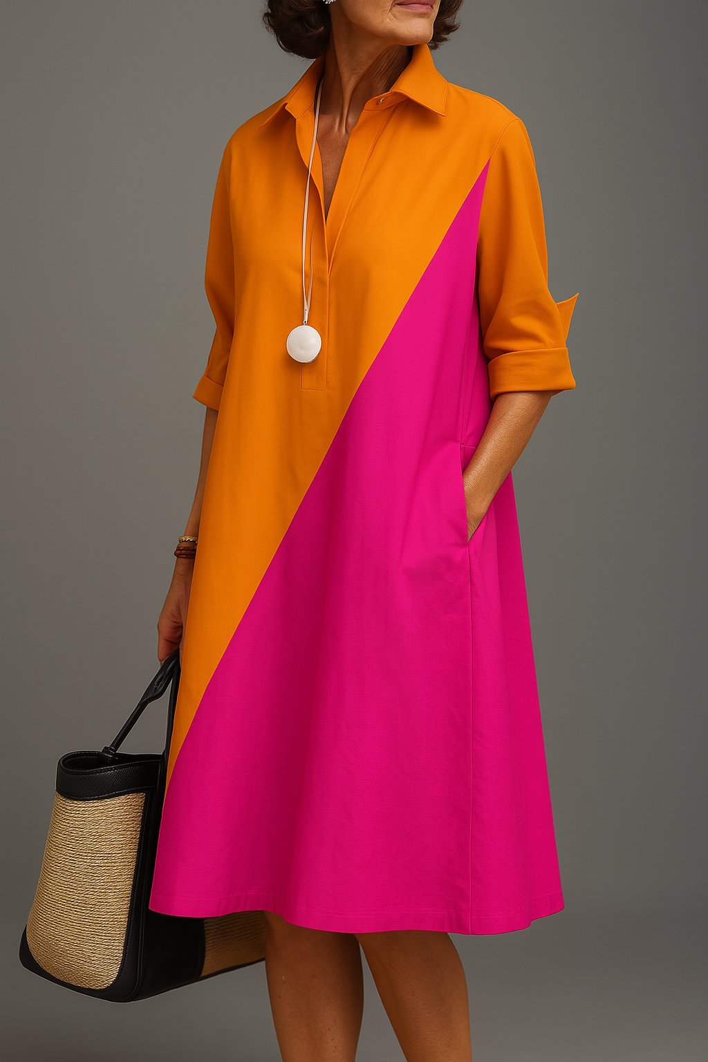 Women's diagonal colorblock cotton midi dress with collared V-neck