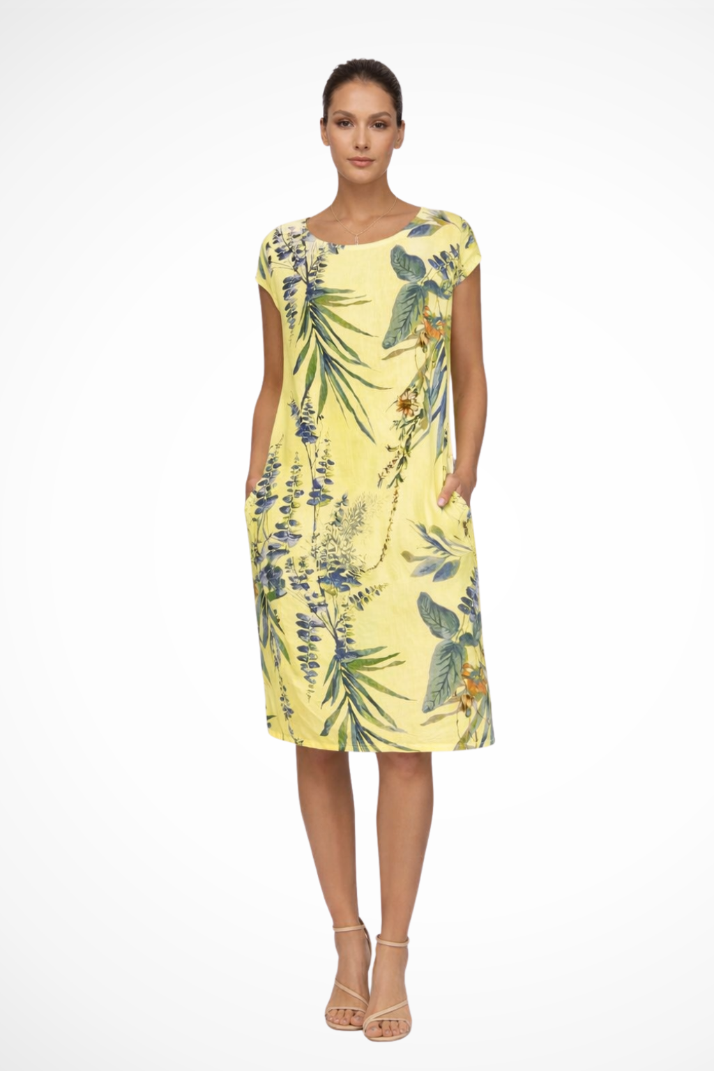 Women's white blue sleeveless botanical print summer dress