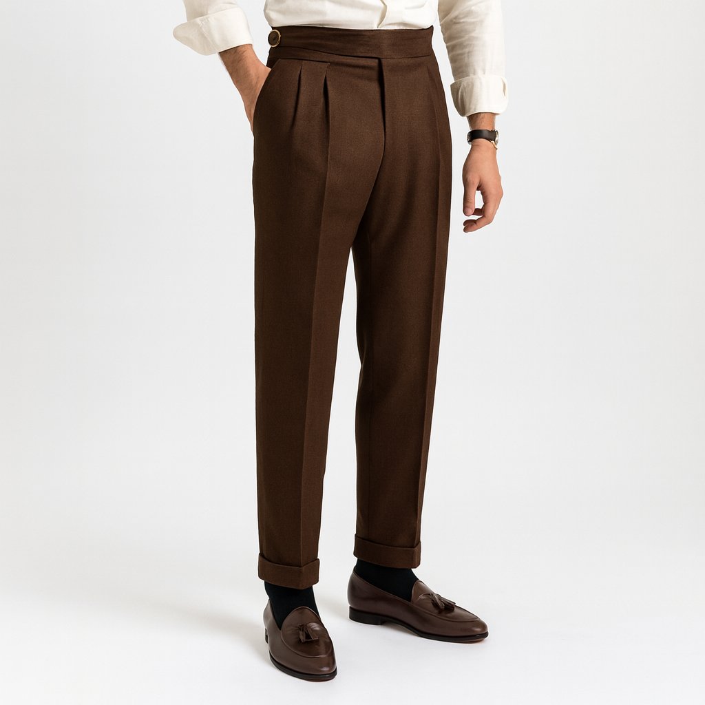 Men's white high waist pleated drawstring straight leg pants