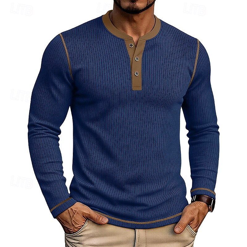 Royal Blue Men's Ribbed Henley Shirt with Contrast Trim