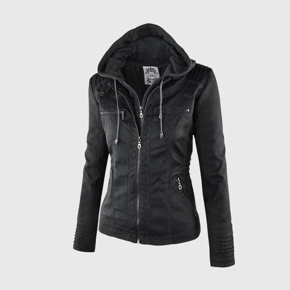 Women's black hooded leather-look jacket
