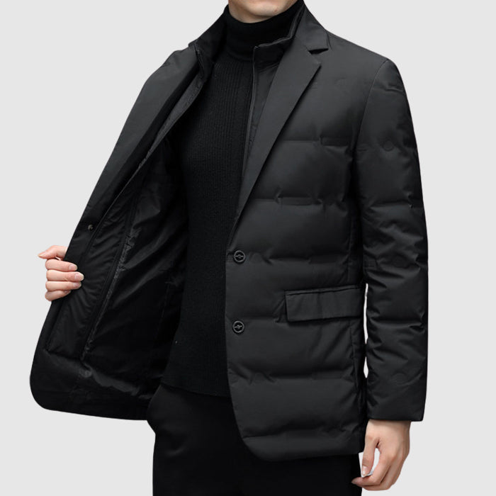 Men's gray insulated puffer jacket with streamlined fit