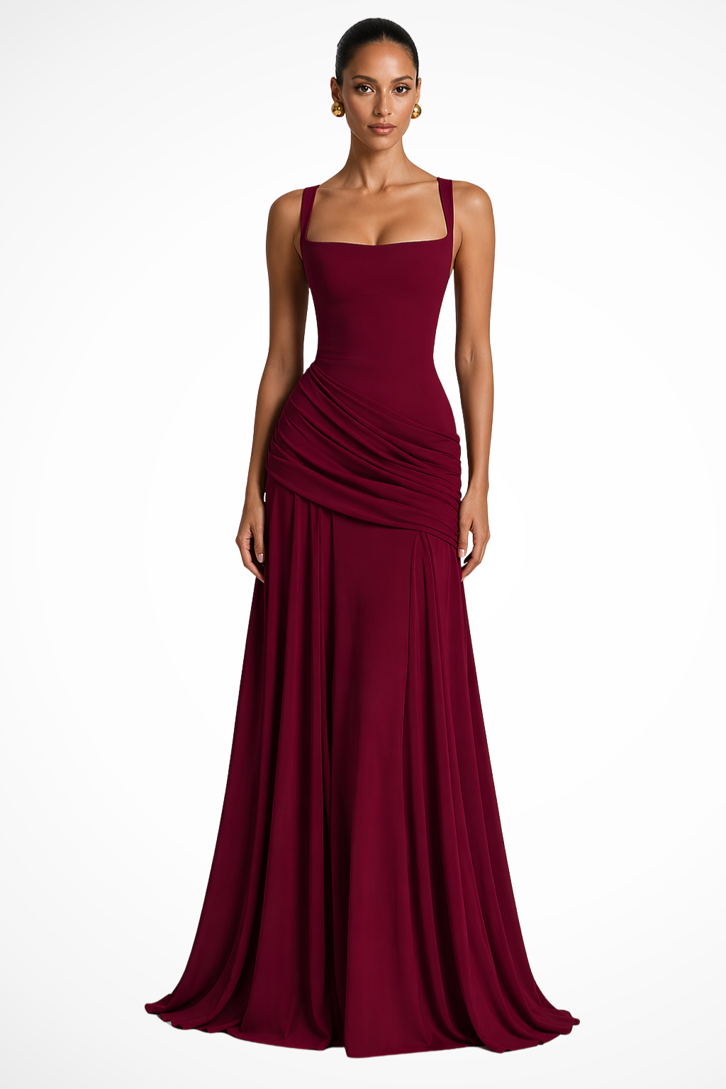 Women's black square neck ruched maxi wedding guest dress with side slit